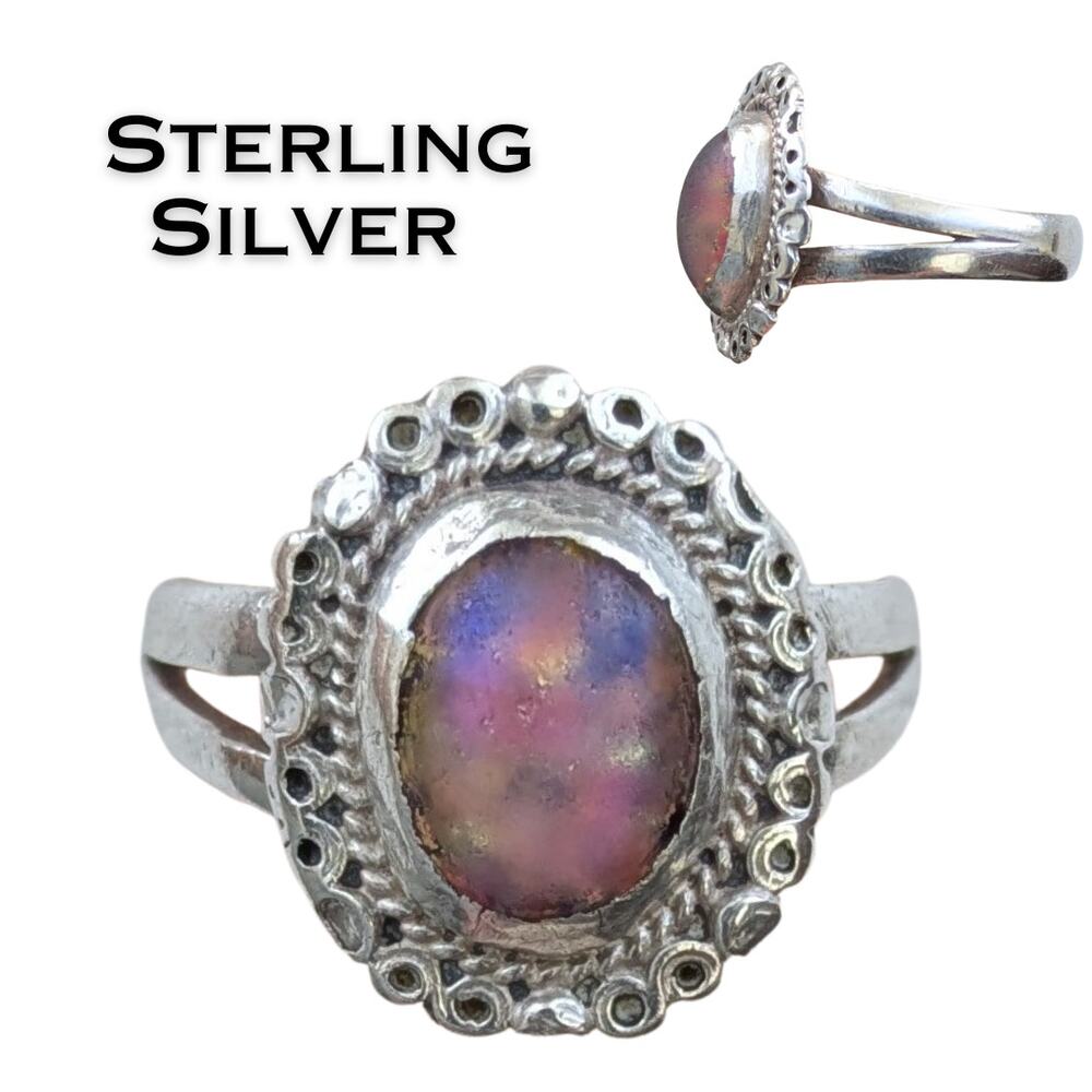 Sterling Silver Ring Size 6 Iridescent Pink Cabochon Ornate Vintage Filigree